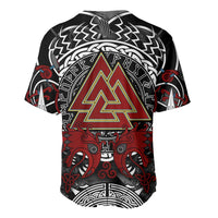 Viking Berserker and Valknut Norse Mythology Baseball Jersey Red and Black Celtic Knotwork Art