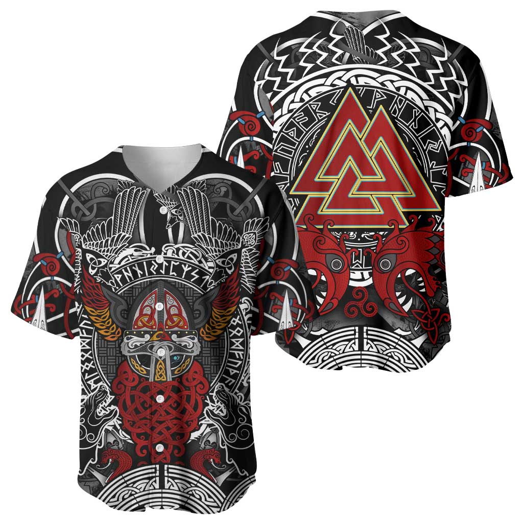 Viking Berserker and Valknut Norse Mythology Baseball Jersey Red and Black Celtic Knotwork Art