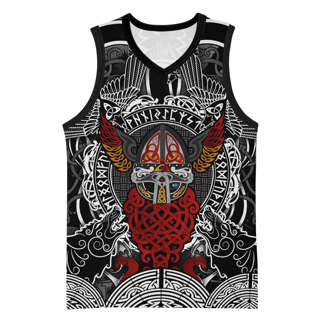 Viking Berserker and Valknut Norse Mythology Basketball Jersey Red and Black Celtic Knotwork Art