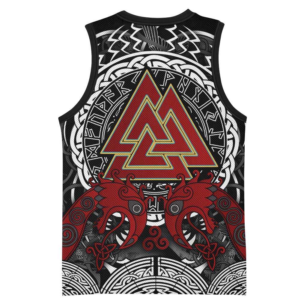 Viking Berserker and Valknut Norse Mythology Basketball Jersey Red and Black Celtic Knotwork Art