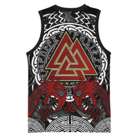 Viking Berserker and Valknut Norse Mythology Basketball Jersey Red and Black Celtic Knotwork Art