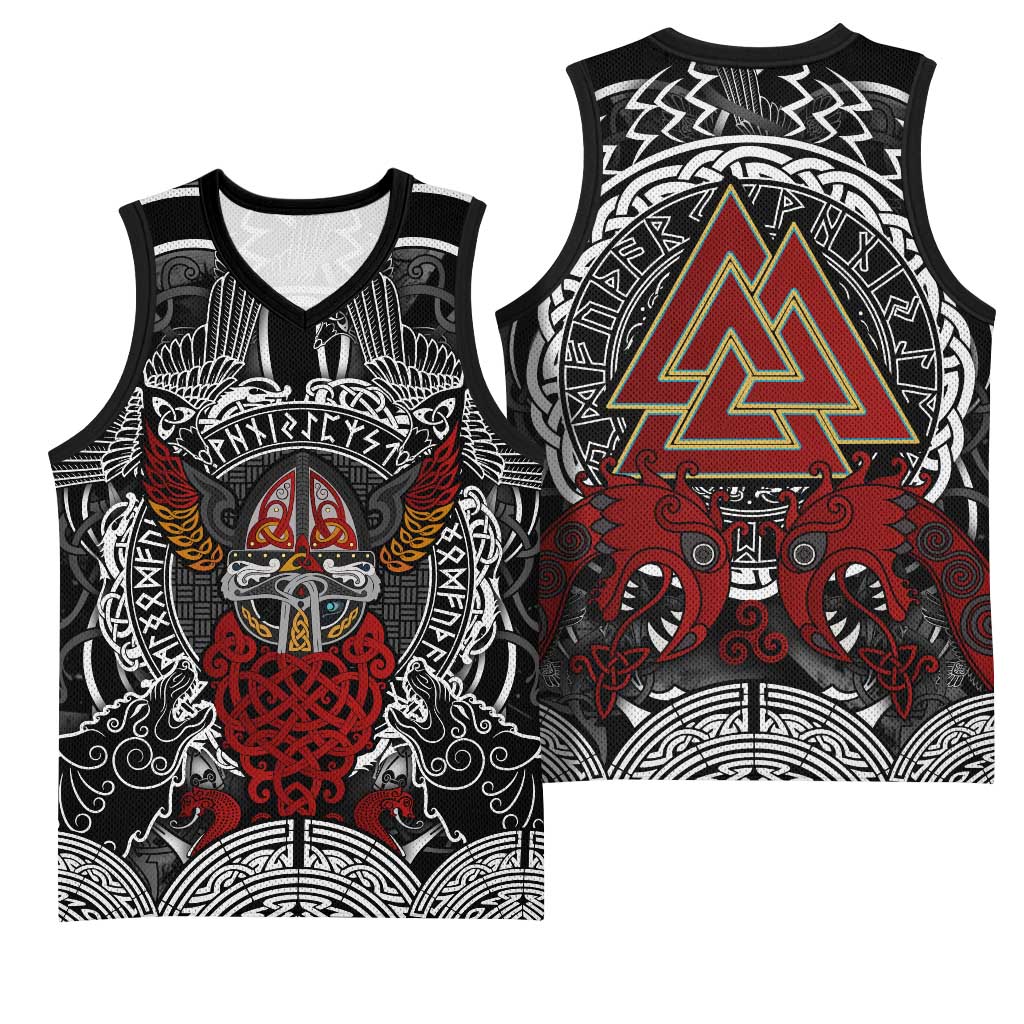 Viking Berserker and Valknut Norse Mythology Basketball Jersey Red and Black Celtic Knotwork Art