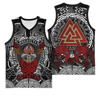 Viking Berserker and Valknut Norse Mythology Basketball Jersey Red and Black Celtic Knotwork Art