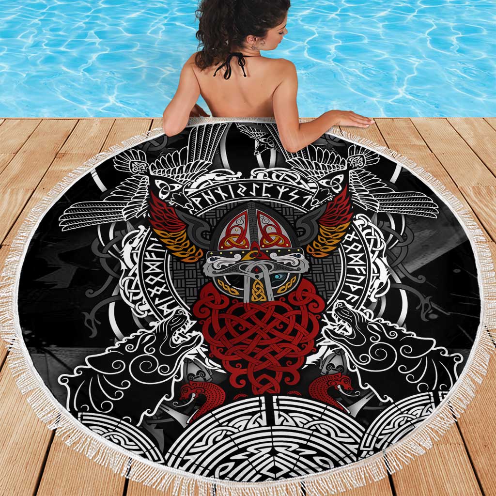 Viking Berserker and Valknut Norse Mythology Beach Blanket Red and Black Celtic Knotwork Art