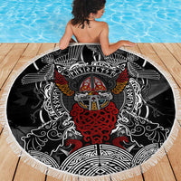 Viking Berserker and Valknut Norse Mythology Beach Blanket Red and Black Celtic Knotwork Art
