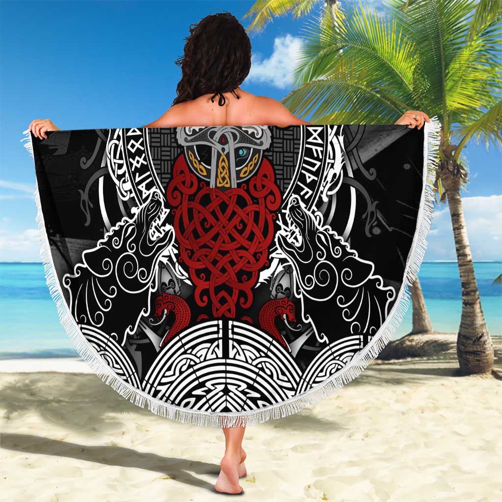 Viking Berserker and Valknut Norse Mythology Beach Blanket Red and Black Celtic Knotwork Art