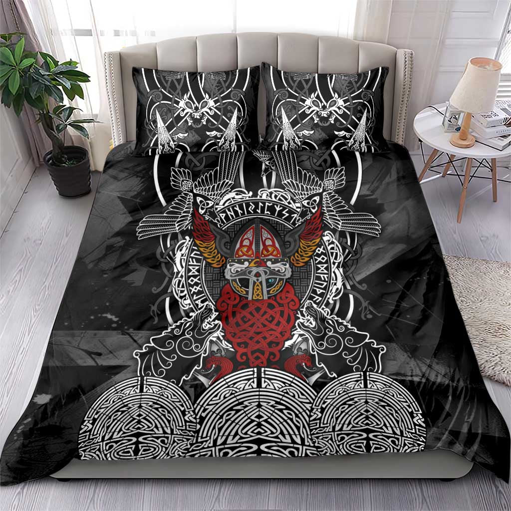 Viking Berserker and Valknut Norse Mythology Bedding Set Red and Black Celtic Knotwork Art