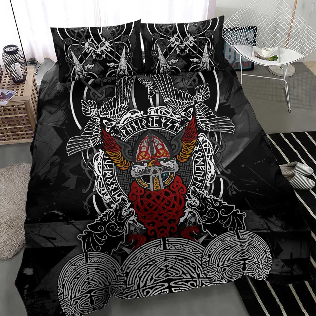 Viking Berserker and Valknut Norse Mythology Bedding Set Red and Black Celtic Knotwork Art