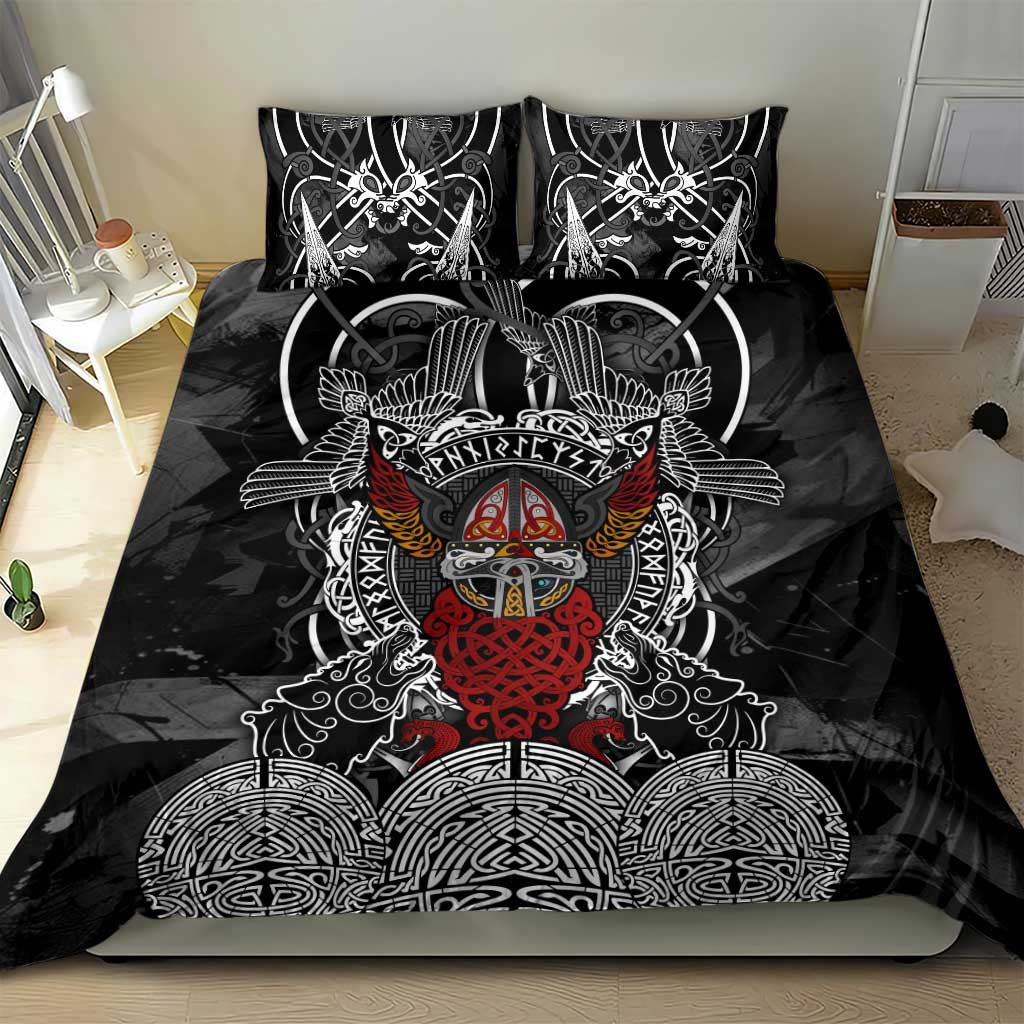 Viking Berserker and Valknut Norse Mythology Bedding Set Red and Black Celtic Knotwork Art
