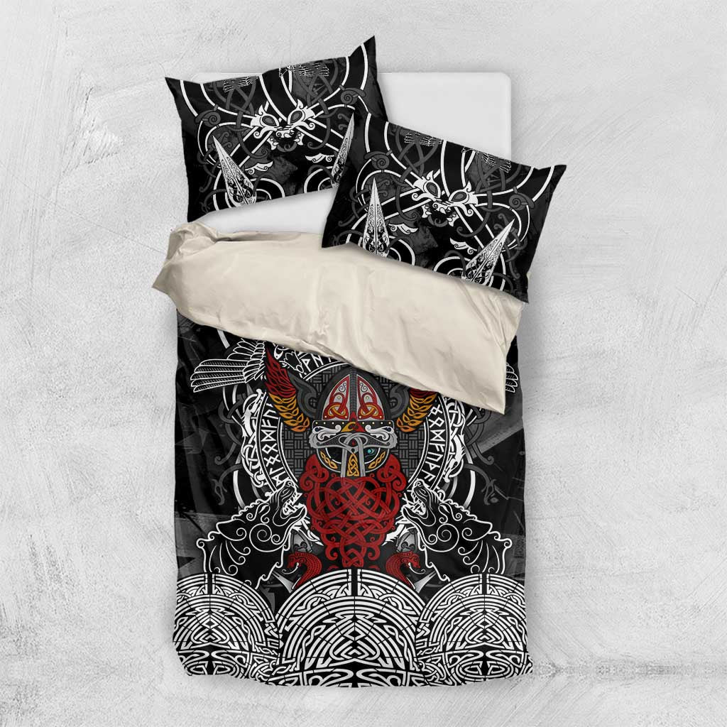 Viking Berserker and Valknut Norse Mythology Bedding Set Red and Black Celtic Knotwork Art