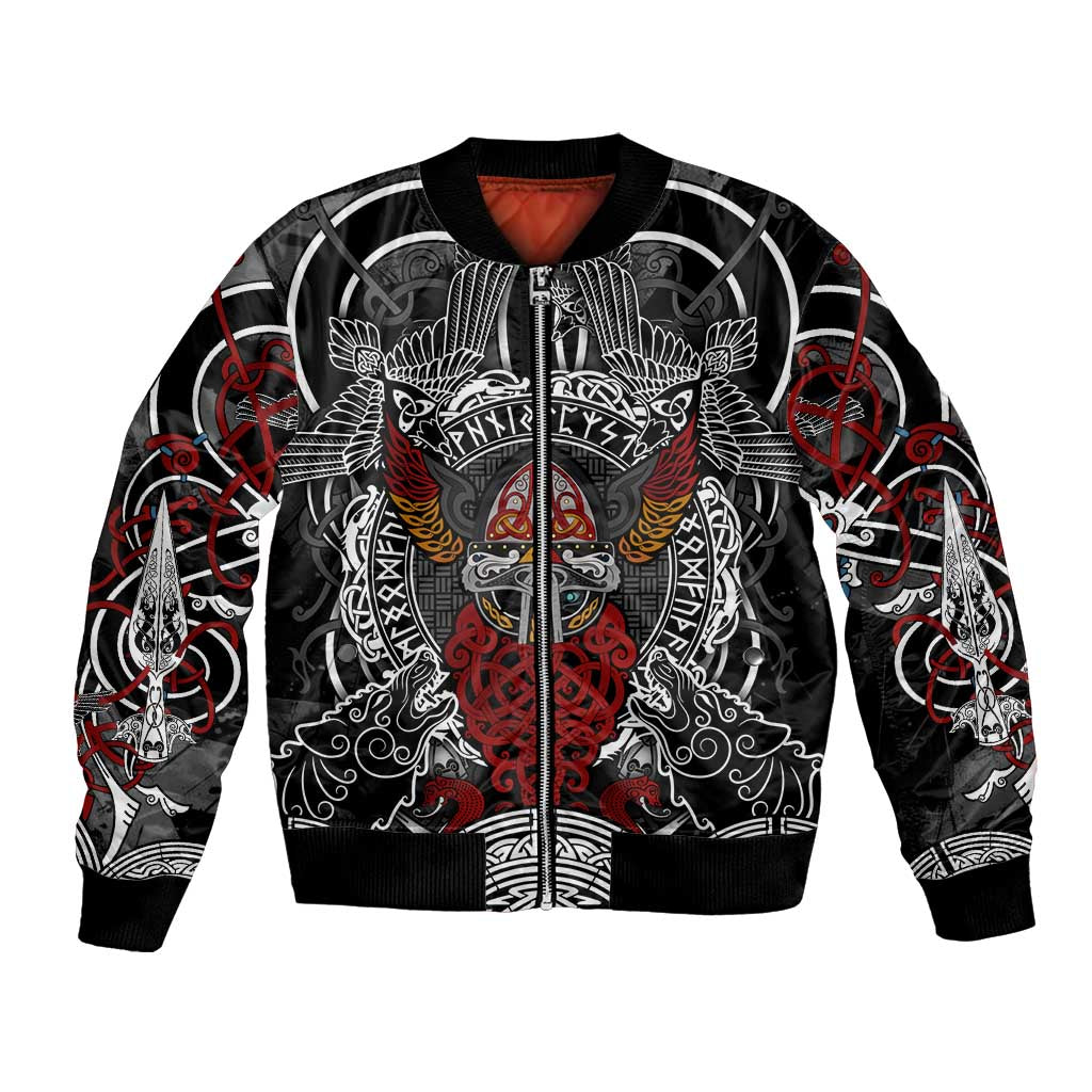 Viking Berserker and Valknut Norse Mythology Bomber Jacket Red and Black Celtic Knotwork Art