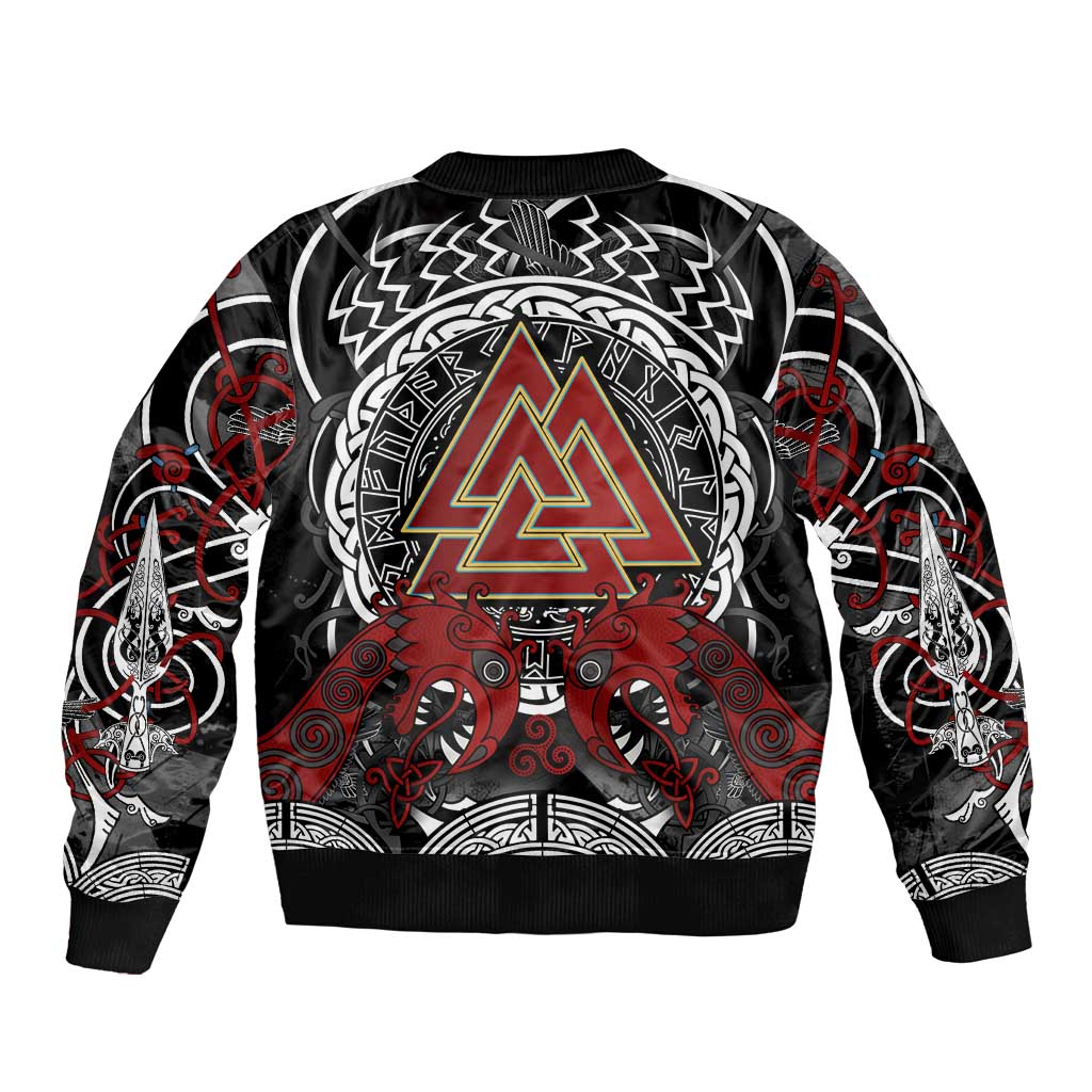 Viking Berserker and Valknut Norse Mythology Bomber Jacket Red and Black Celtic Knotwork Art