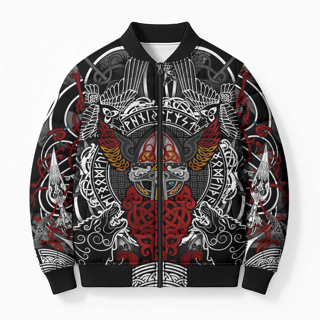 Viking Berserker and Valknut Norse Mythology Bomber Puffer Jacket Red and Black Celtic Knotwork Art