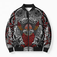 Viking Berserker and Valknut Norse Mythology Bomber Puffer Jacket Red and Black Celtic Knotwork Art