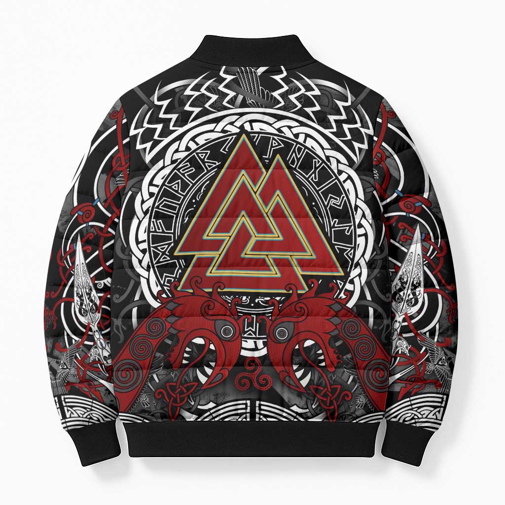 Viking Berserker and Valknut Norse Mythology Bomber Puffer Jacket Red and Black Celtic Knotwork Art
