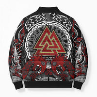 Viking Berserker and Valknut Norse Mythology Bomber Puffer Jacket Red and Black Celtic Knotwork Art