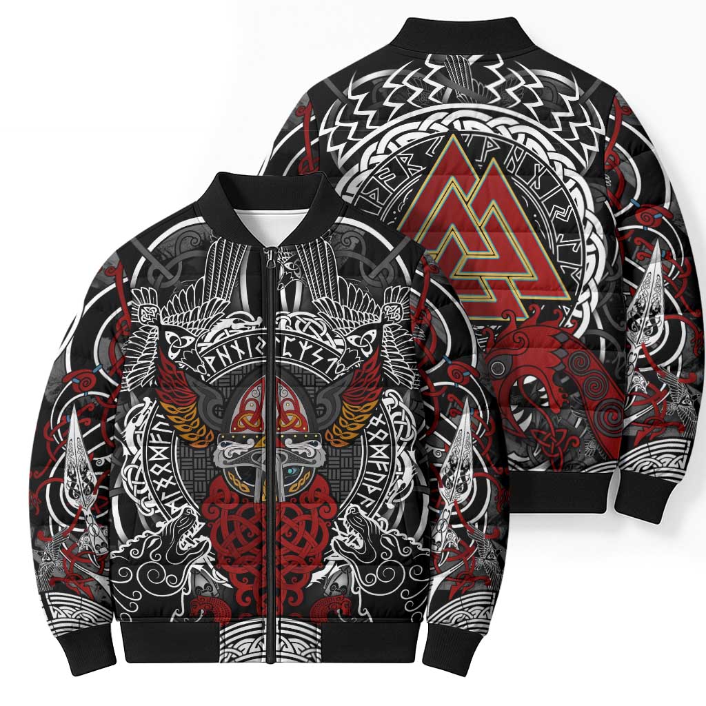 Viking Berserker and Valknut Norse Mythology Bomber Puffer Jacket Red and Black Celtic Knotwork Art