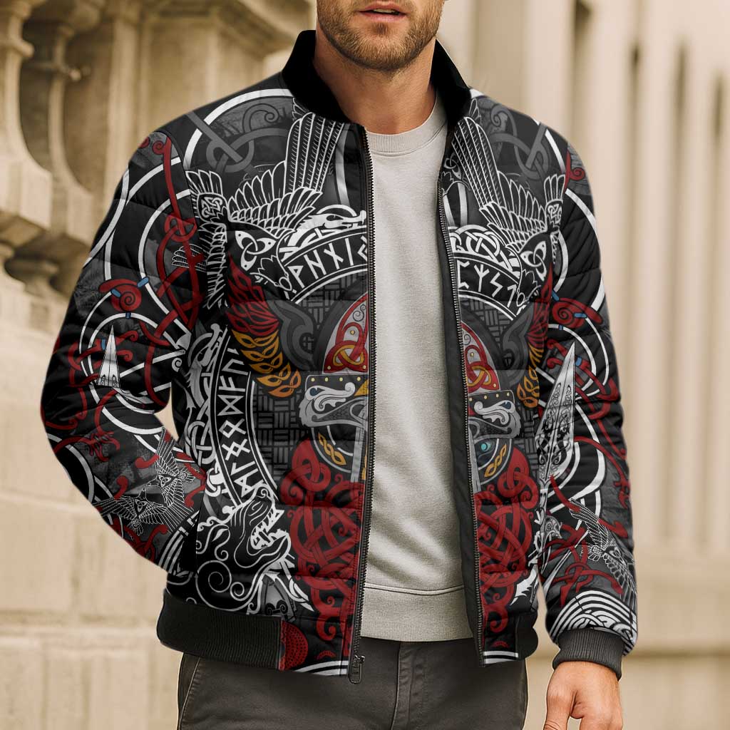 Viking Berserker and Valknut Norse Mythology Bomber Puffer Jacket Red and Black Celtic Knotwork Art