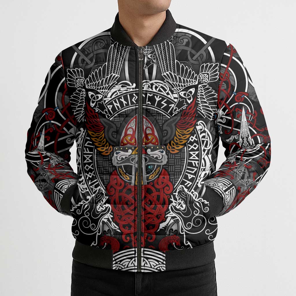 Viking Berserker and Valknut Norse Mythology Bomber Puffer Jacket Red and Black Celtic Knotwork Art