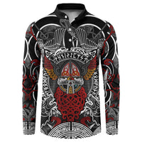 Viking Berserker and Valknut Norse Mythology Button Sweatshirt Red and Black Celtic Knotwork Art