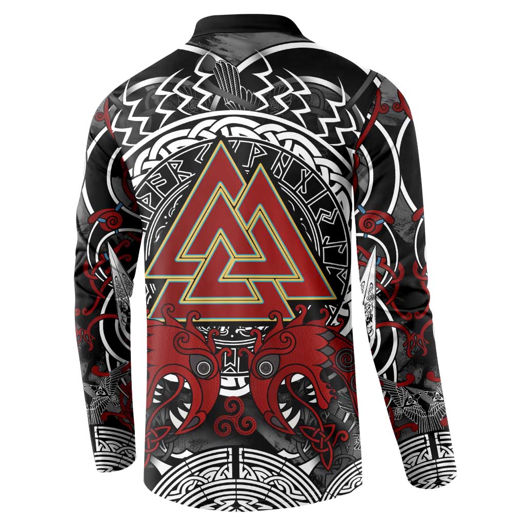 Viking Berserker and Valknut Norse Mythology Button Sweatshirt Red and Black Celtic Knotwork Art