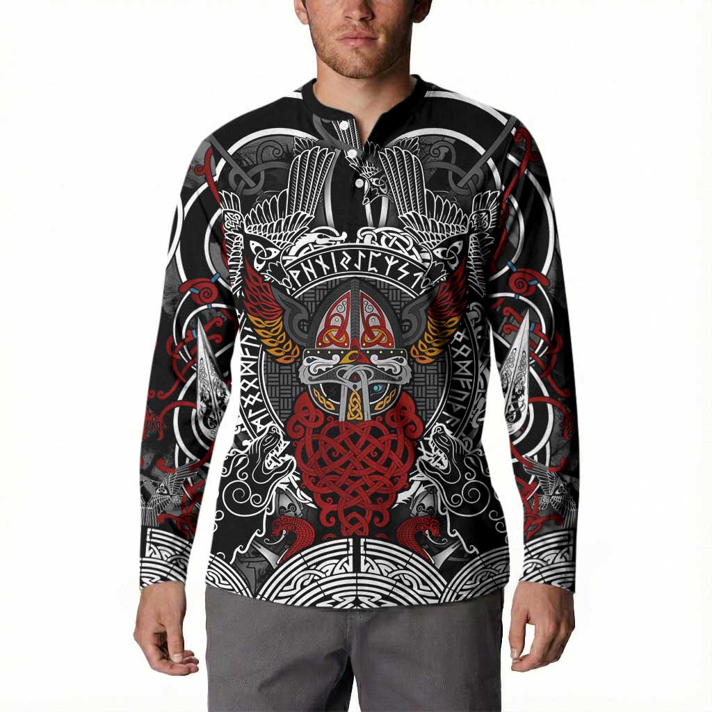 Viking Berserker and Valknut Norse Mythology Button Sweatshirt Red and Black Celtic Knotwork Art
