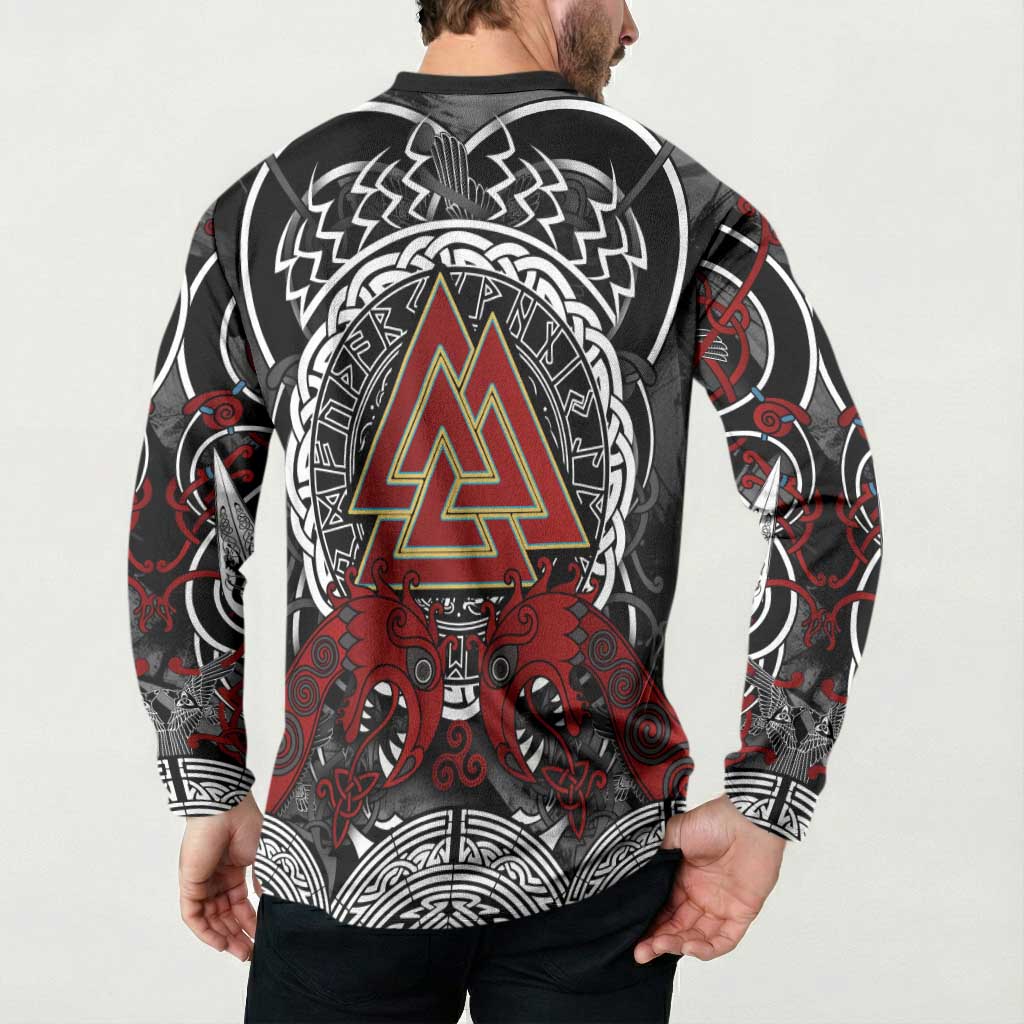 Viking Berserker and Valknut Norse Mythology Button Sweatshirt Red and Black Celtic Knotwork Art