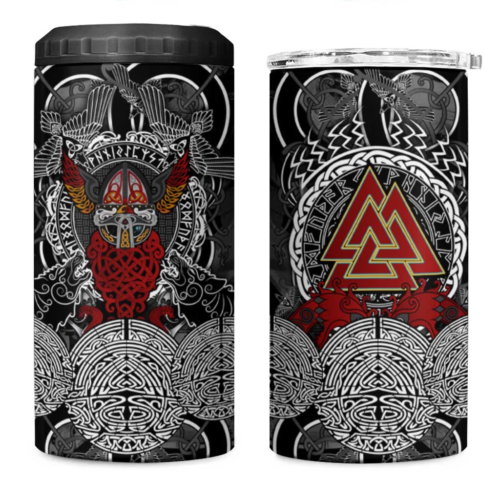 Viking Berserker and Valknut Norse Mythology 4 in 1 Can Cooler Tumbler Red and Black Celtic Knotwork Art