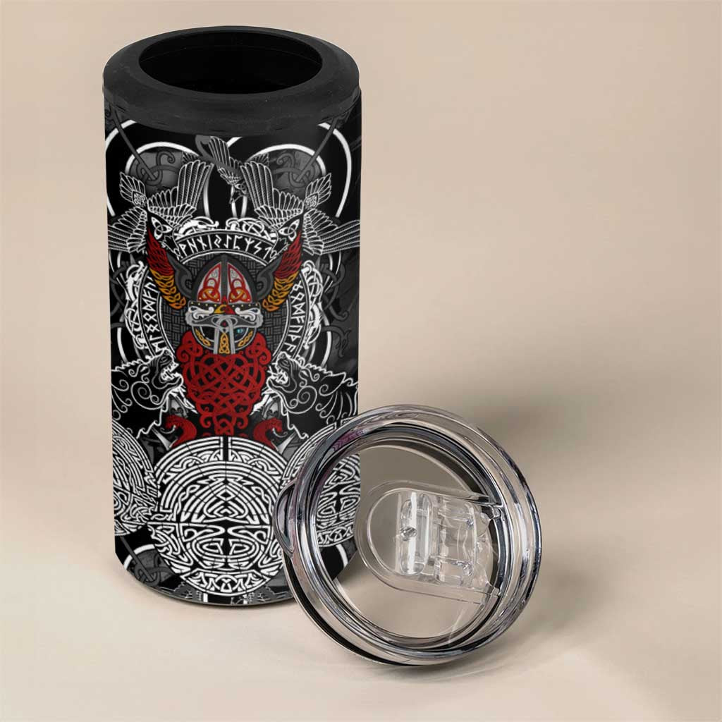 Viking Berserker and Valknut Norse Mythology 4 in 1 Can Cooler Tumbler Red and Black Celtic Knotwork Art