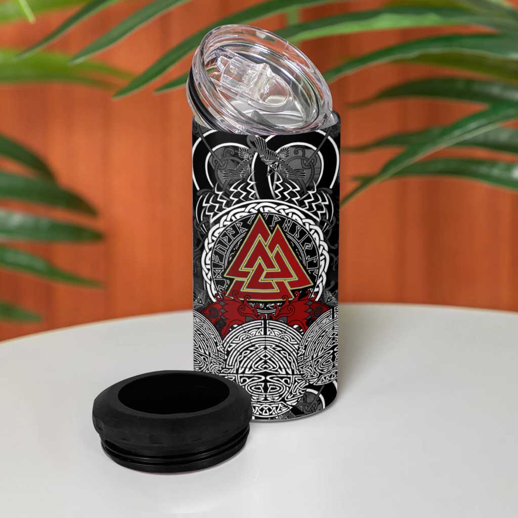 Viking Berserker and Valknut Norse Mythology 4 in 1 Can Cooler Tumbler Red and Black Celtic Knotwork Art