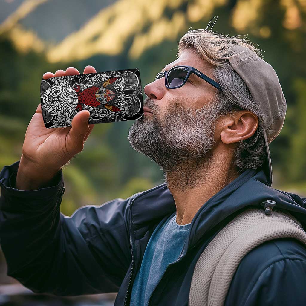 Viking Berserker and Valknut Norse Mythology 4 in 1 Can Cooler Tumbler Red and Black Celtic Knotwork Art