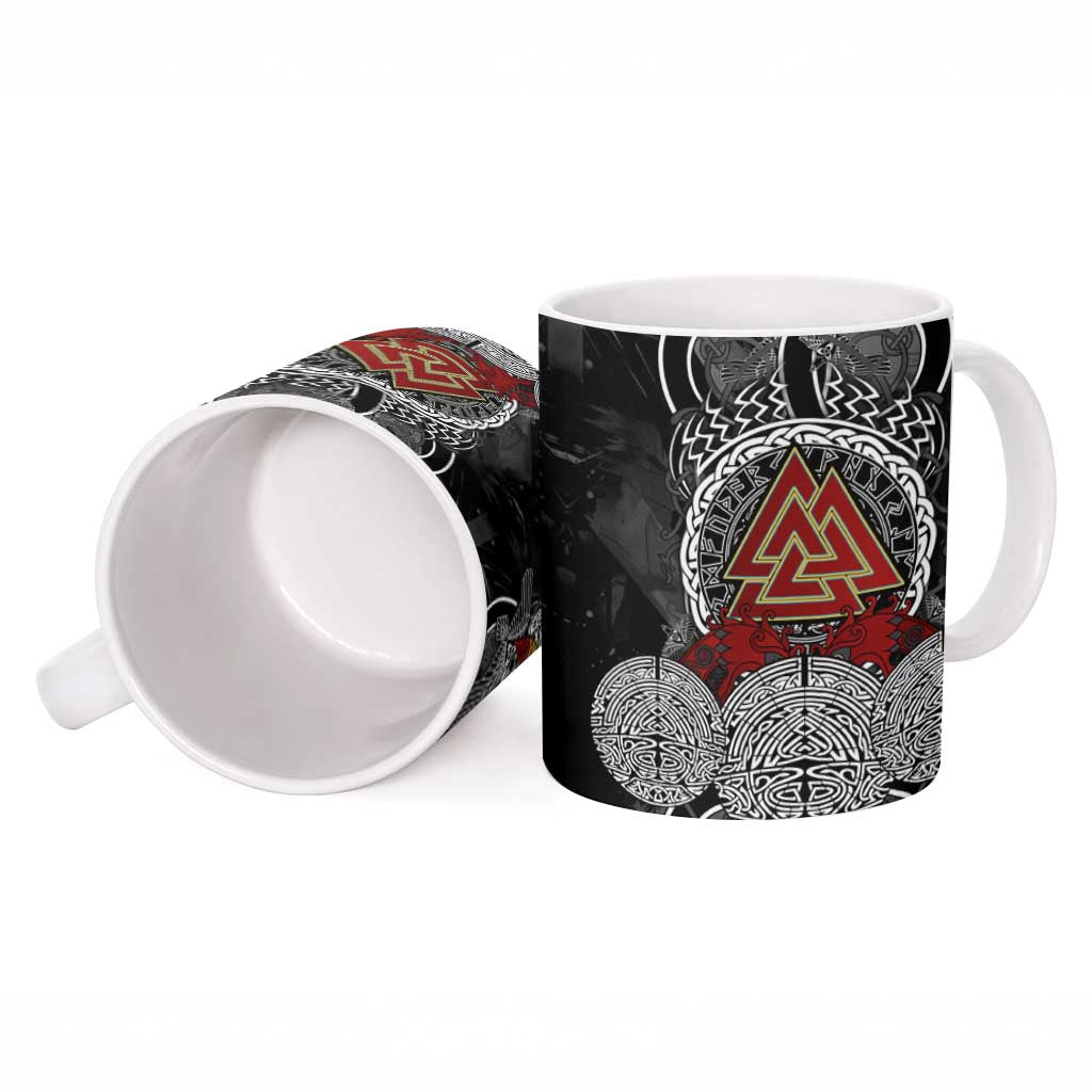 Viking Berserker and Valknut Norse Mythology Ceramic Mug Red and Black Celtic Knotwork Art