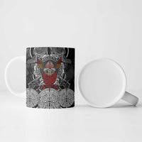 Viking Berserker and Valknut Norse Mythology Ceramic Mug Red and Black Celtic Knotwork Art