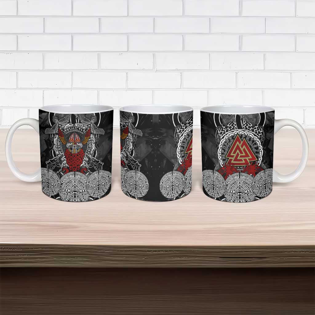Viking Berserker and Valknut Norse Mythology Ceramic Mug Red and Black Celtic Knotwork Art
