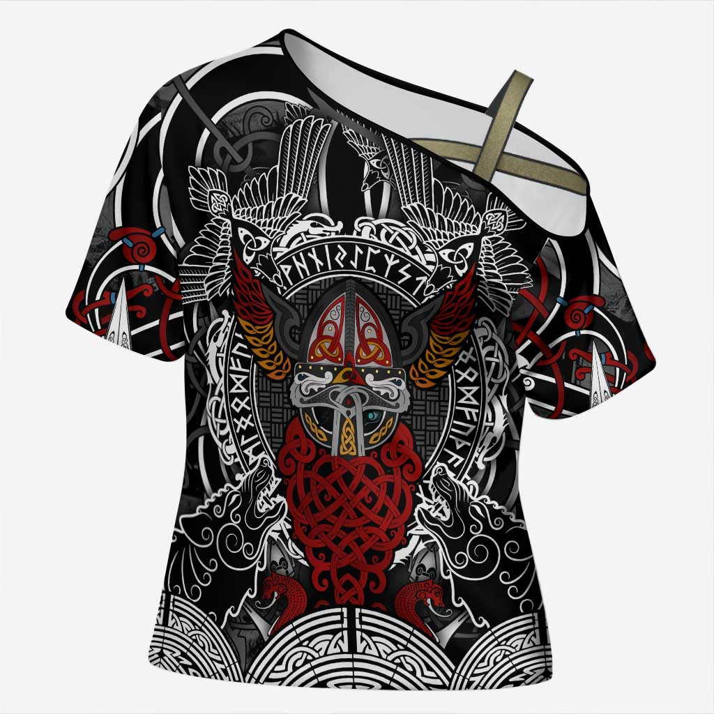 Viking Berserker and Valknut Norse Mythology Cross Shoulder Shirt Red and Black Celtic Knotwork Art