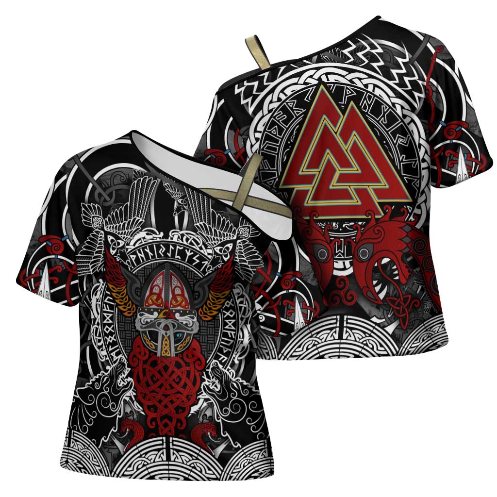Viking Berserker and Valknut Norse Mythology Cross Shoulder Shirt Red and Black Celtic Knotwork Art
