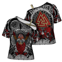 Viking Berserker and Valknut Norse Mythology Cross Shoulder Shirt Red and Black Celtic Knotwork Art