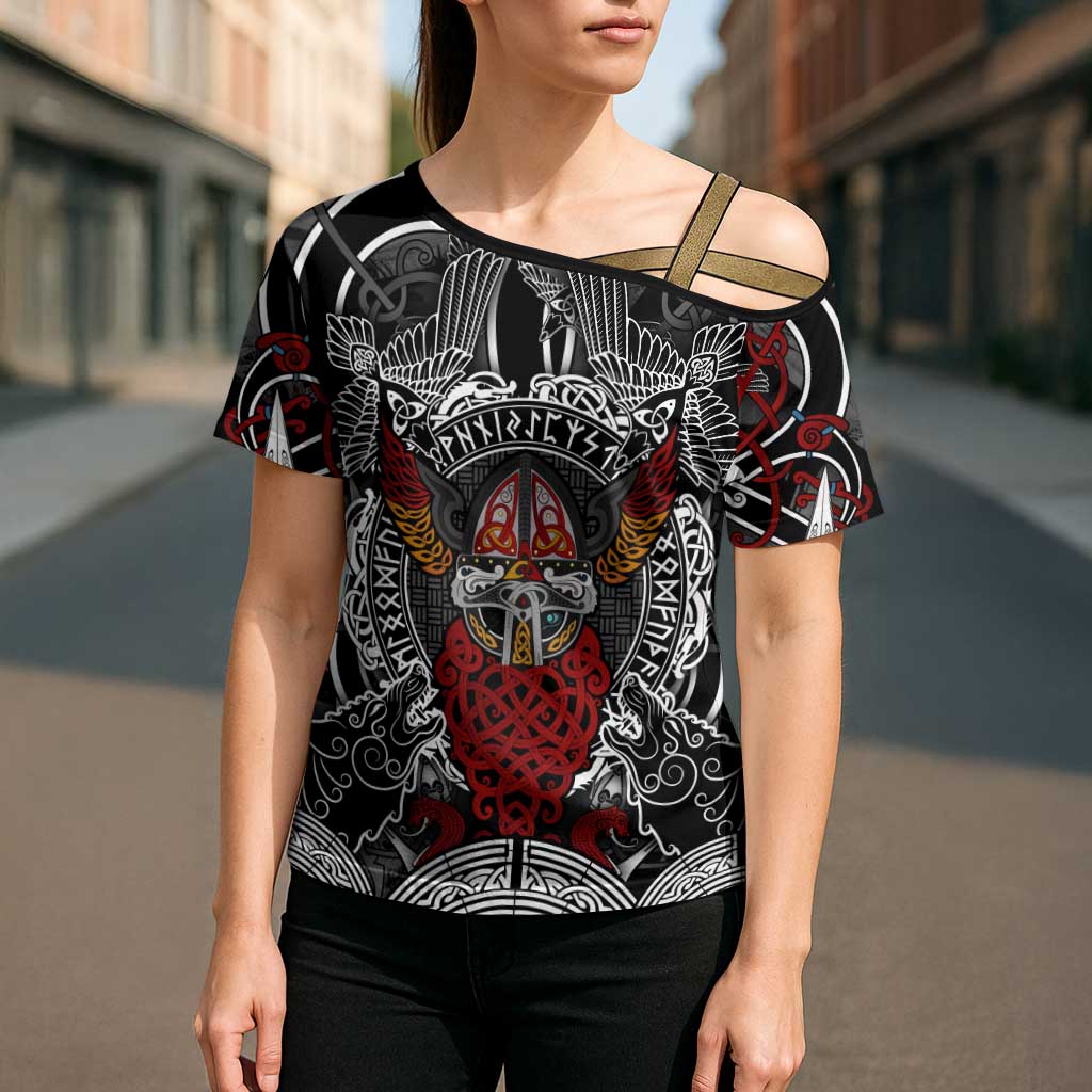 Viking Berserker and Valknut Norse Mythology Cross Shoulder Shirt Red and Black Celtic Knotwork Art