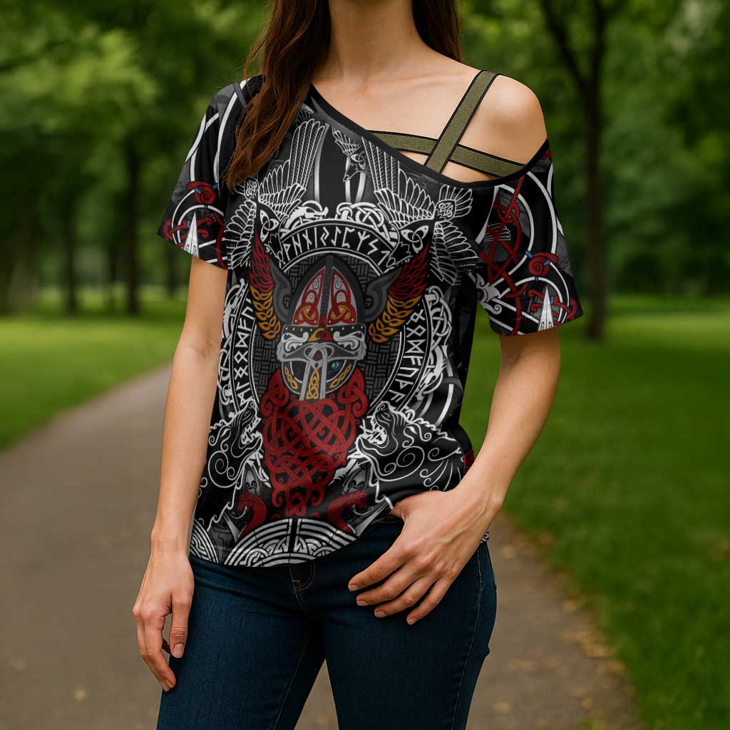 Viking Berserker and Valknut Norse Mythology Cross Shoulder Shirt Red and Black Celtic Knotwork Art