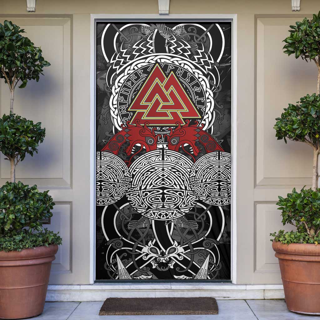 Viking Berserker and Valknut Norse Mythology Door Cover Red and Black Celtic Knotwork Art