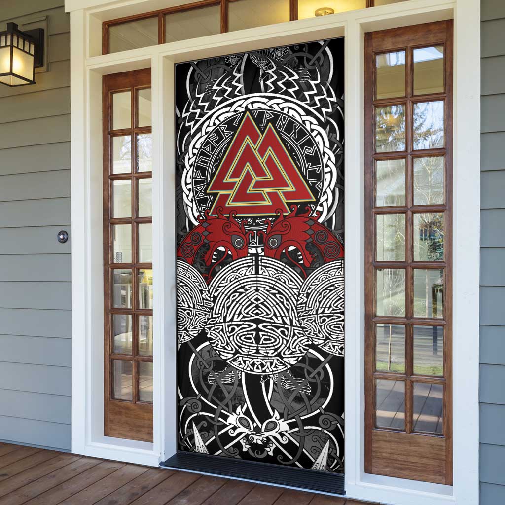 Viking Berserker and Valknut Norse Mythology Door Cover Red and Black Celtic Knotwork Art