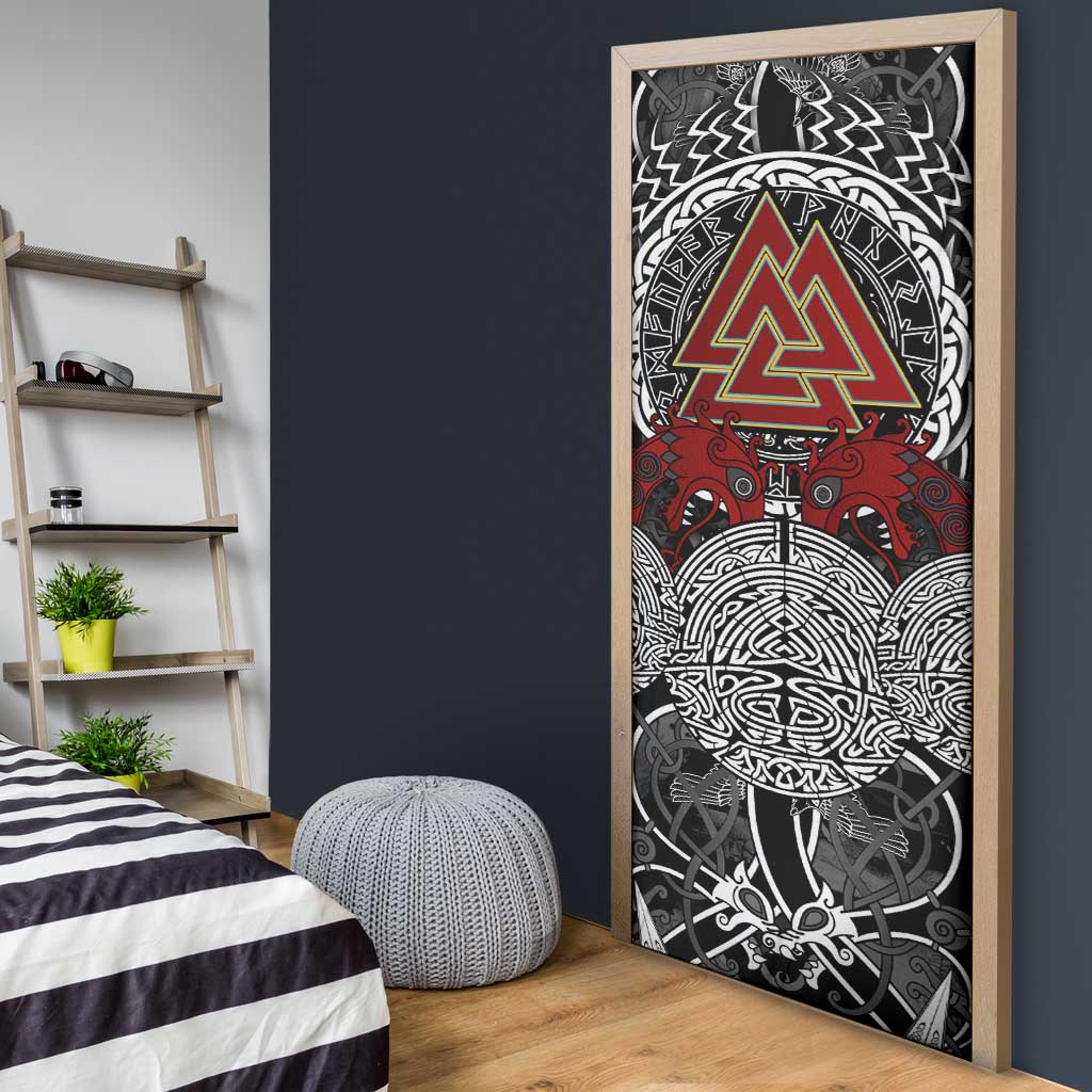 Viking Berserker and Valknut Norse Mythology Door Cover Red and Black Celtic Knotwork Art