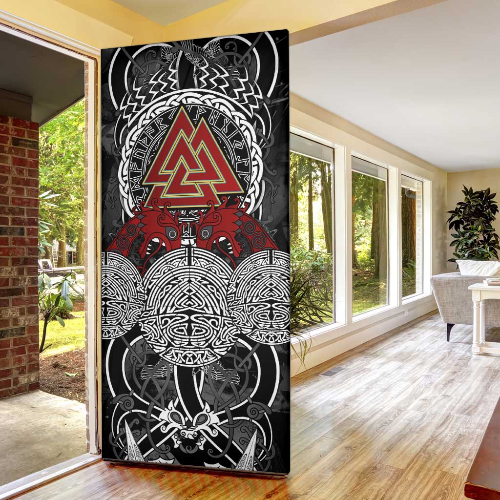 Viking Berserker and Valknut Norse Mythology Door Cover Red and Black Celtic Knotwork Art