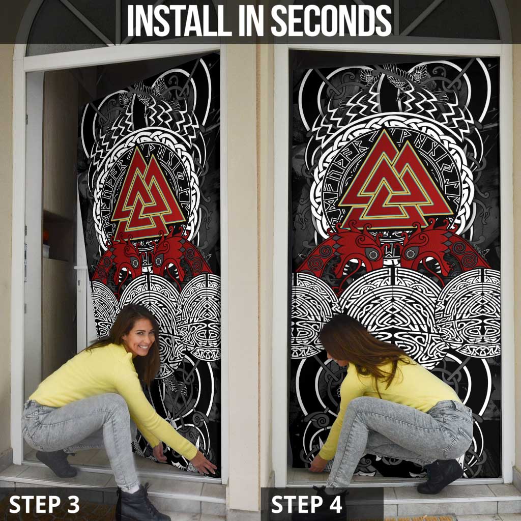 Viking Berserker and Valknut Norse Mythology Door Cover Red and Black Celtic Knotwork Art