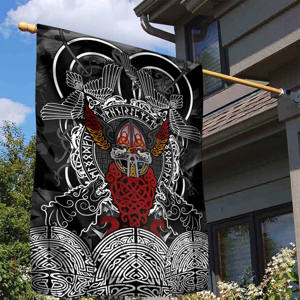 Viking Berserker and Valknut Norse Mythology Garden Flag Red and Black Celtic Knotwork Art