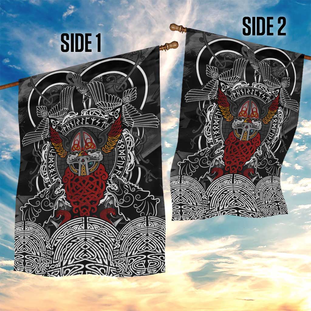 Viking Berserker and Valknut Norse Mythology Garden Flag Red and Black Celtic Knotwork Art