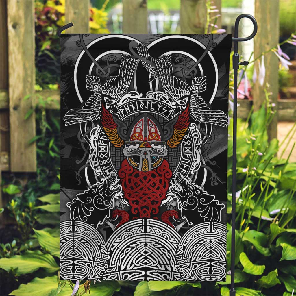 Viking Berserker and Valknut Norse Mythology Garden Flag Red and Black Celtic Knotwork Art