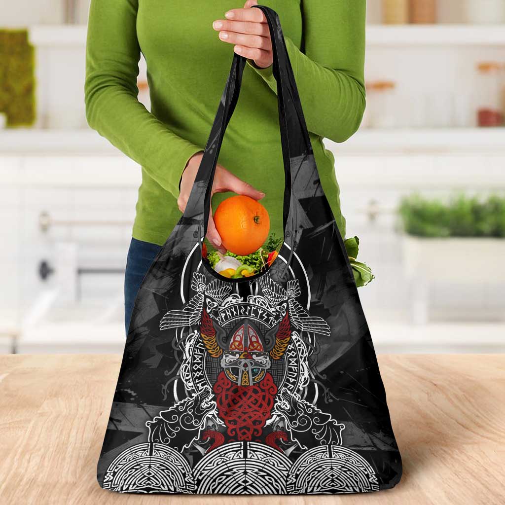Viking Berserker and Valknut Norse Mythology Grocery Bag Red and Black Celtic Knotwork Art