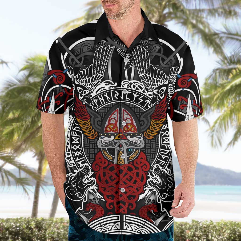 Viking Berserker and Valknut Norse Mythology Hawaiian Shirt Red and Black Celtic Knotwork Art