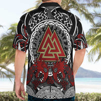 Viking Berserker and Valknut Norse Mythology Hawaiian Shirt Red and Black Celtic Knotwork Art